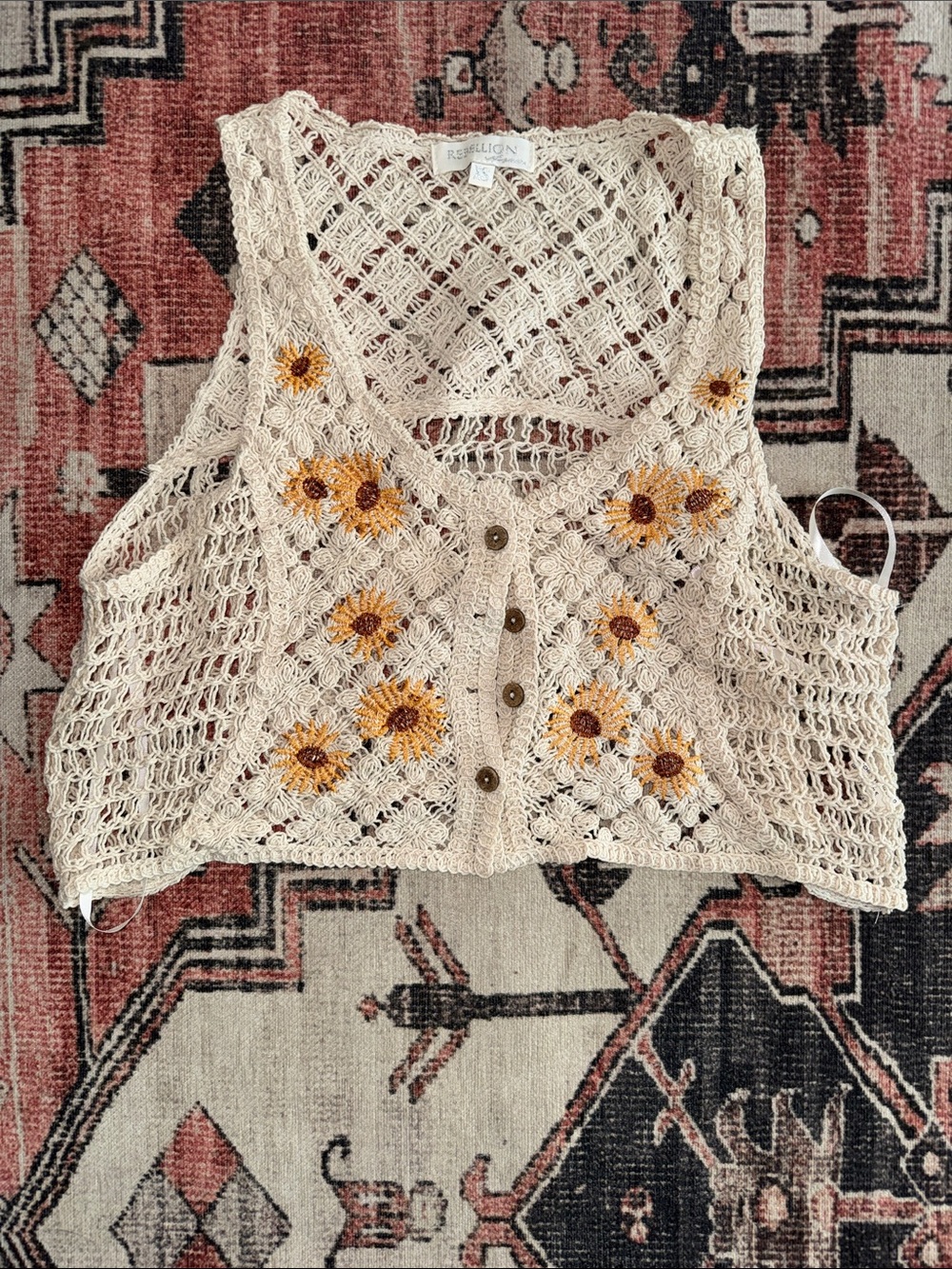 Rebellion Cream Crochet Sunflower Button Crop Vest